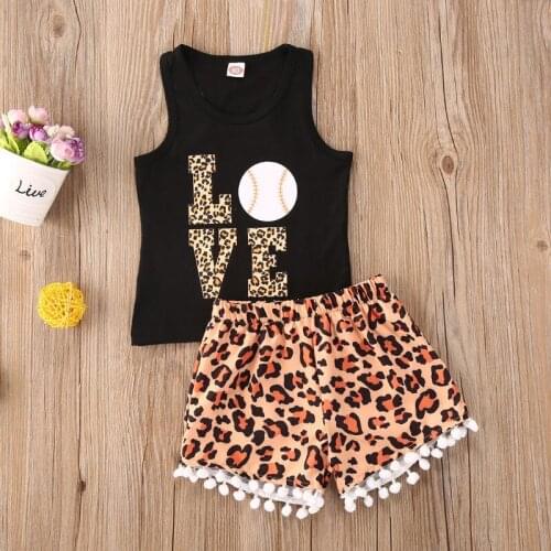 Little Girls Outfits 2PCS Summer Fashion Casual Love Letter Vest + Tassels Leopard Print Shorts Set