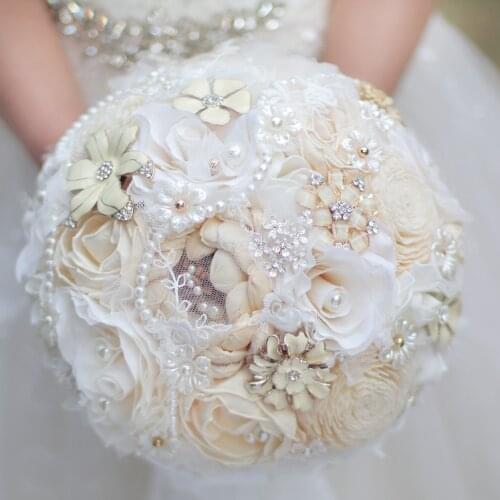 Creative jewelry dried flowers bridal bouquet, Ivory White wedding brides brooch bouquet, Custom crystal Pearl Lace Bouquet