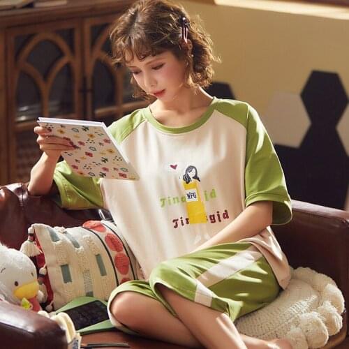 Summer Fashion Green Patchwork Short Sleeve Womens Cotton Pajamas Plus Size Outdoor Homewear Cartoon Little Girl Cute Sleepwear