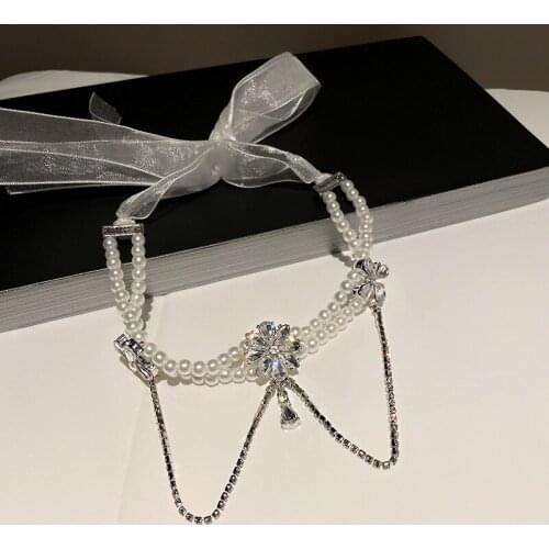 LOVOACC Luxury Shiny Rhinestone Pearls Choker Necklace for Women White Mesh Bowknot Flower Pendant Necklaces Korean Jewelry