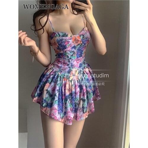 WOMENGAGA Summer New Korean V Neck Irregular Elegant Print High Waist Tank Mini Dress Flowers Beach Boho Dresses Women QE78