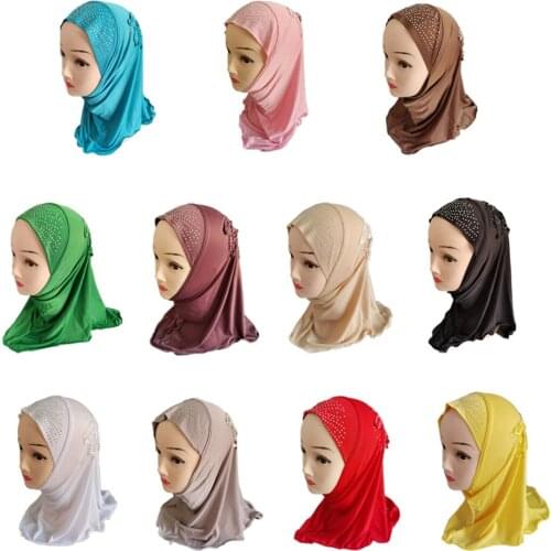 Muslim Kids Girls Hijab Islamic Headscarf Rhinestoen Tassel Scarf One Piece Amira Children Middle East Full Cover Head Wrap 2-7Y