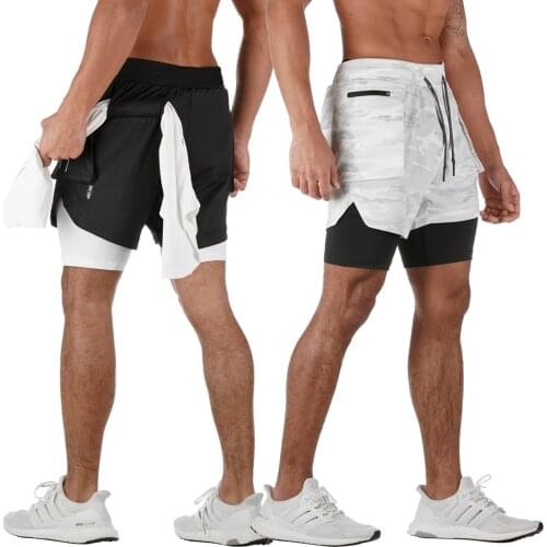 Mens Double-layers Sports Shorts, Sweat Absorption Quick Drying Drawstring Waist Short Pants with Side Pockets New Style 2021