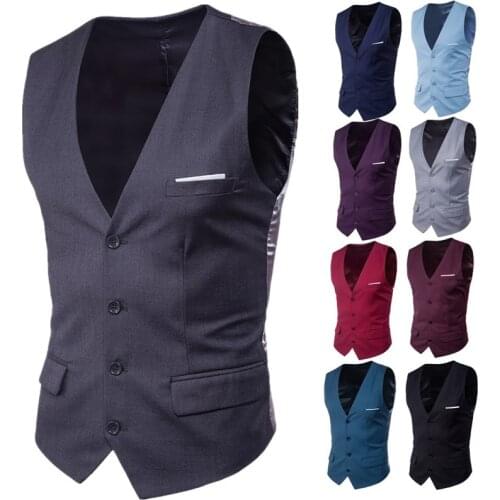 Men Spring Autumn 9 Color Mens Business Casual Slim Vests Fashion Men Solid Color Single Buttons Vests Fit Male Suit