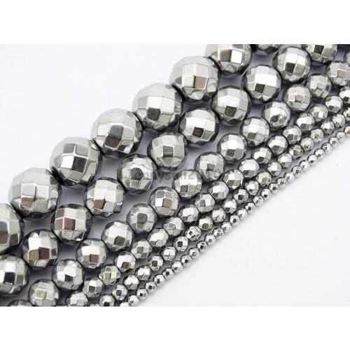 Natural Hematite Healing Gems Stones Faceted Round Beads Non Magnetic Metallic Silver 15.5'' Jewelry Making 5 Strands/Pack