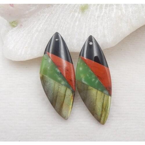Natural Labradorite,Serpentine,Obsidian With Red River Jasper Intarsia Earring42x16x5mm10g