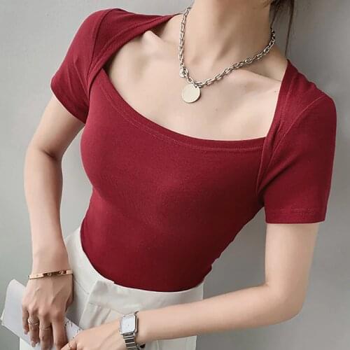 Slim Sexy T Shirt Women Short Sleeve Solid 2021 Cotton Summer Tops Korean Fashion T-Shirt Female Woman Clothes Tee Shirt Femme