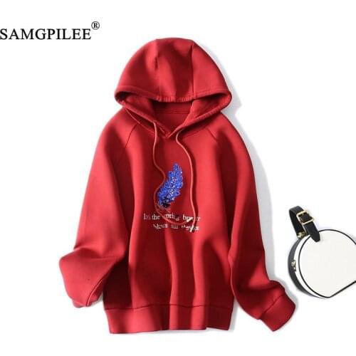 Autumn Embroidered Pattern Sequined Hooded Sweater Women Loose Pullover 2021 Autumn Long-sleeved Spring Space Cotton Tops 4XL