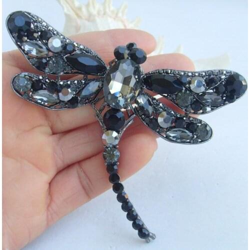 3.74" Black-tone Black Gray Rhinestone Crystal Dragonfly Brooch Pin Pendant EE05684C4