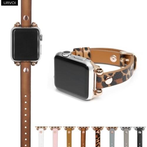 URVOI band for Apple Watch series 6 SE 5 4 3 2 1 genuine leather strap for iWatch slim modern design nail and beads rose gold