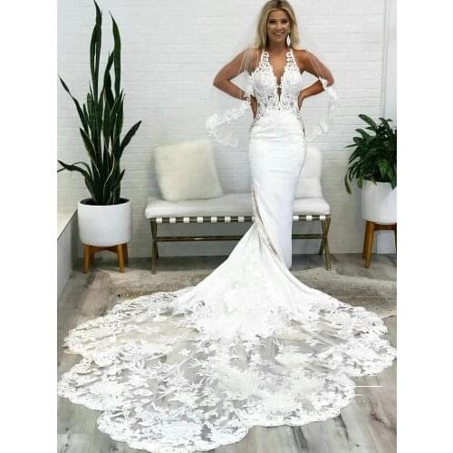 Sexy V Neck Mermaid Bridal Gown With Lace Train Wedding Dress 2021