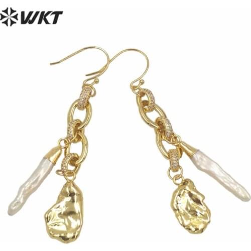 ME078 WKT Beautiful Women freshwater pearl dangle earring full gold plated irregular dangle chain drop earrings