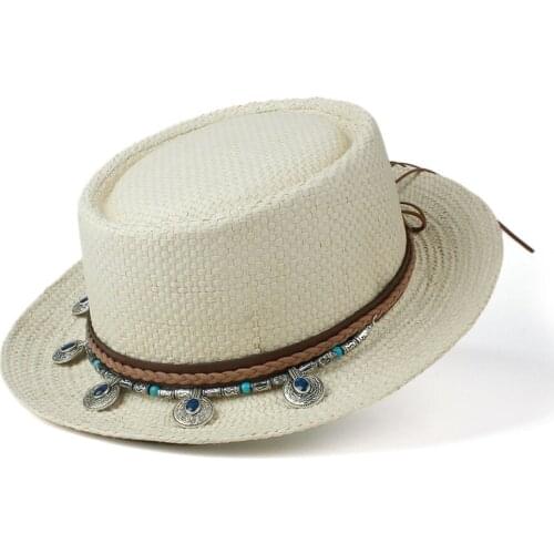2019 Women Men Raffia Straw Sun Hat Summer Pork Pie Hat Lady Flat Boater Beach Panama Sunhat Beach Hat Tassel Band Size 57-60cm