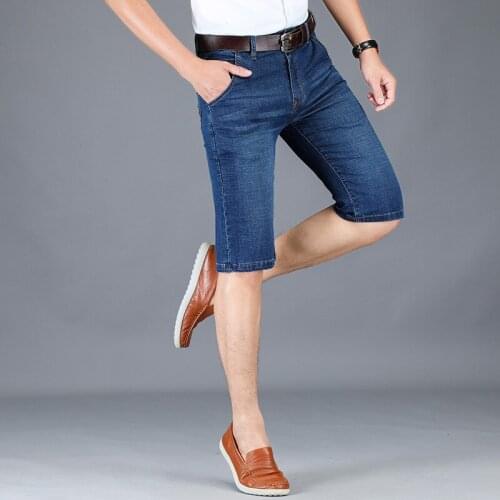 2019 Summer Men Solid Color Mid Elastic Denim Shorts Cotton Casual Skinny Knee Length Soft Simple Short Jeans
