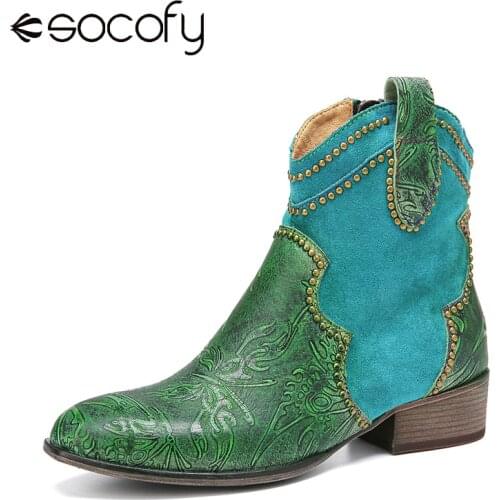 SOCOFY Retro Woman Boots Embossed Genuine Leather Splicing Comfy Block Heel Cowboy Short Boots Fashion Autumn/Winter Style 2020