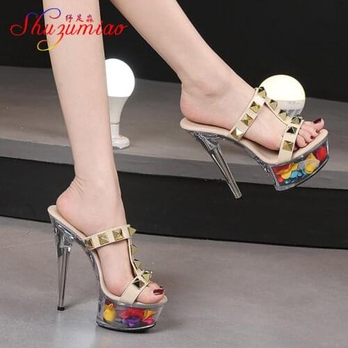 Walk Show Luminous Slippers Transparent Flower Platform Pole Dancing Sandals Rivet High Heel Nightclub Lights Party Women Shoes