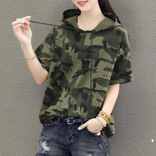 100% cotton Hoodie womens 2021 Summer Short Sleeve Shirt womens T-shirt o-neck loose camouflage oversize womens shirt