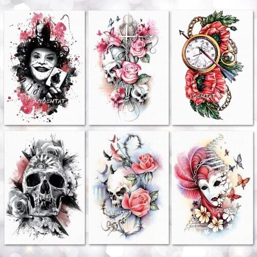 Flowers Skull Pattern Temporary Tattoo Stickers Waterproof Women Fake Hand Tattoos Adult Men Body Art