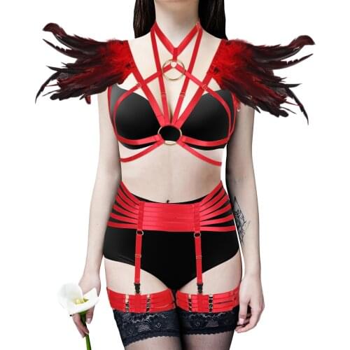 Women Feather Harness Straps Set Goth Shoulder Feather Decoration Bra Sexy Garter Club Costumes Pole Dance Dress Festival Rave