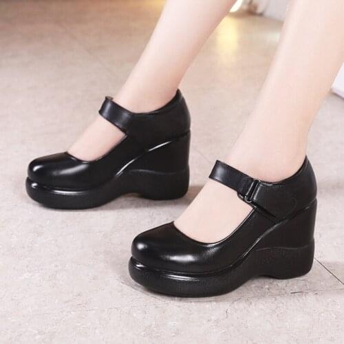 Spring Genuine Leather Womens Shoes Girls' Shoes Fashion 8CM High Heels Pumps Wedges Black Comfortable Female Platform Shoes