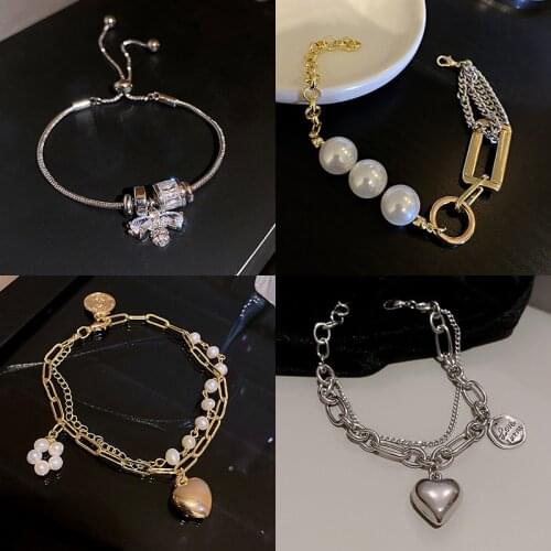 Hip Hop Double Layered Linked Chain Heart Bracelets Women Silver Color Metal Beads Pearl Charm Bracelet Street Style Jewelry