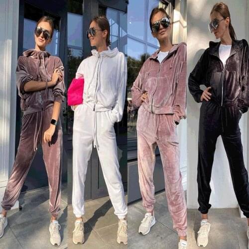 Women Pants Tracksuit Zipper Jacket Sets Casual Hoodie Tops And Lace Up Joggers Ladies Velvet Suit Trendy Autumn Winter Clothes