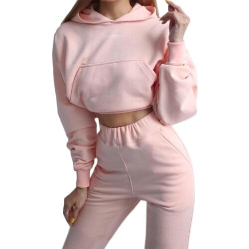 Women Winter 2 Piece Sports Outfits Set Long Sleeve Letters Hooded Crop Top Sweatshirt High Waist Jogger Pants Solid Color Track
