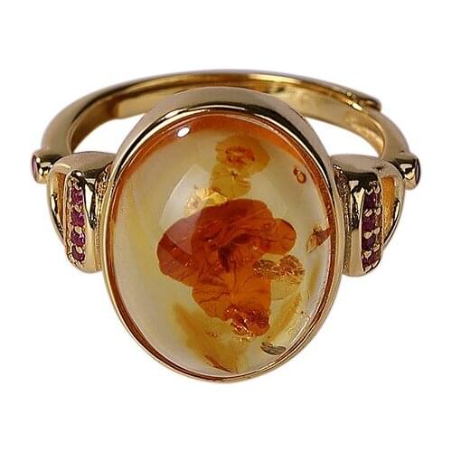 925 sterling silver gold-plated natural amber piebald Amber egg noodle ring graceful personality Ladies Open ring