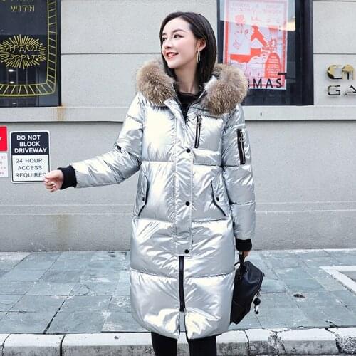 Winter Women Jackets Silver Long Glossy Big Fur Hooded Coat Down Parkas Thick Winter Fashion Jacket Women Outwear A023