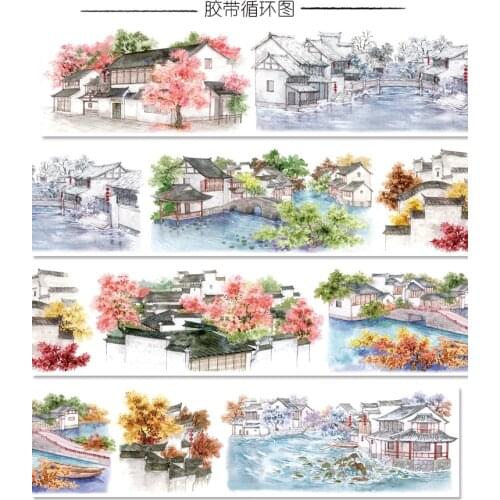1 Loop 7cmx100cm Four Seasons Huizhou Ancient Courtyard Washi Tape Sample Decorative Sticker Label