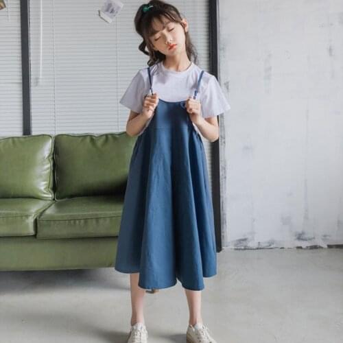 4 To 19 Years 2021 Kids Girls Pants Summer Blue Beige Loose Suspender Trousers Children Clothing Spring Overalls Pants For Girl