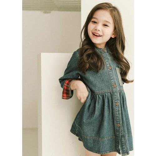 6-12 years children clothes Baby girls autumn Korean girl clothes Cotton long sleeve denim dress pocket skirt bottoming dress
