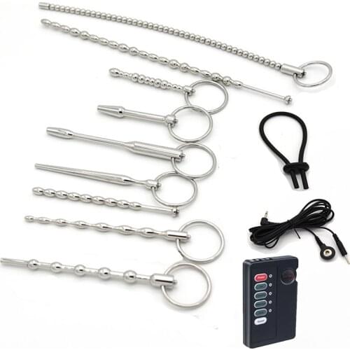 Electric Shock Male Penis Metal Urethra Plug Electro Stim Penis Dilator Beads Cock Ring Masturbation Massage Sex Toys for Men