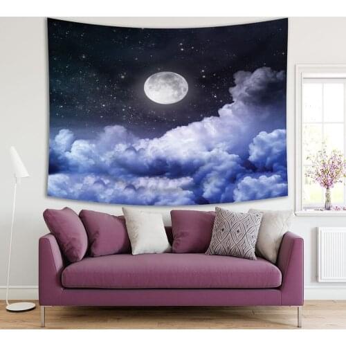Tapestry Cloudy Night Sky with Full Moon and Stars Magical Nature Romantic Scenery Printed Gray Blue