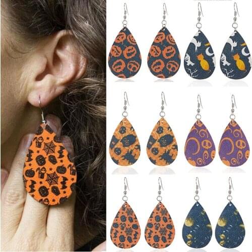 Halloween Funny Pumpkins Owl Dead Tree Water Droplet Leather Holiday Earrings Wholesale Jewelry
