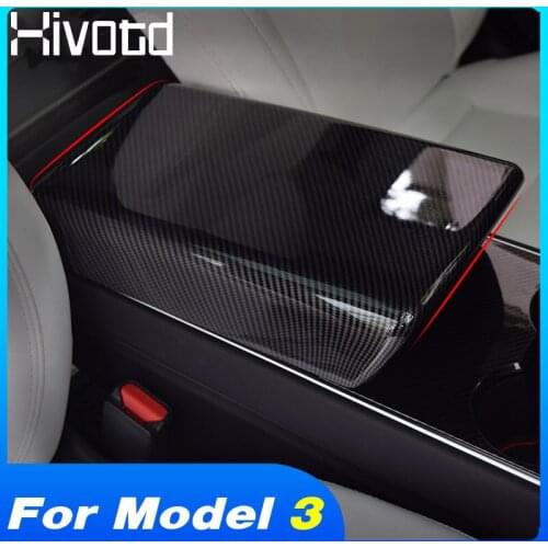 Hivotd For Tesla model 3 Accessories Center Console Armrest Box Panel Cover sticker Trim Carbon Fiber Interior Car styling 2019