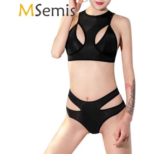 Women Sleeveless Two-piece Exotic Apparel Lingerie Set Female Hollow Out Crop Top with Low-cut Briefs Underwear Sexy Sets