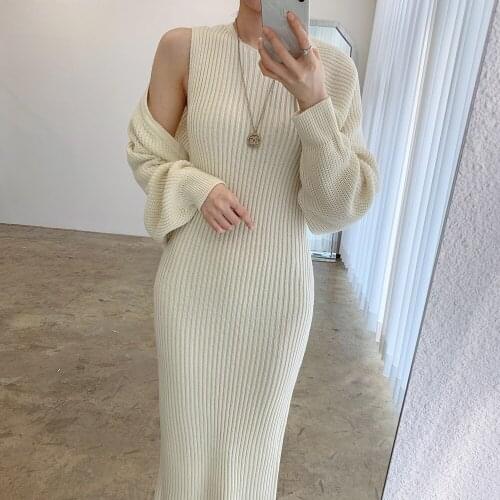 Korean Chic Autumn Temperament Bodycon O Neck Tank Knitted Dress Sexy Solid Loose Crop Sweater Shawl Coat Fashion 2 Piece Sets