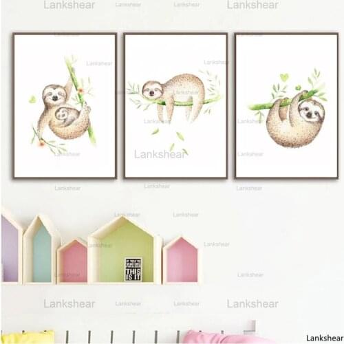 Sloth Woodland Animal Nursery Wall Art Canvas Painting Pictures Cute Animals Watercolor Posters Art Prints Children Room Decor