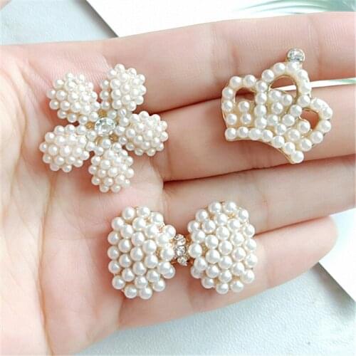 10 PCS Fashion Metal Alloy KC Gold Crystal Rhinestone Pearl Flowers Bowknot Crown Connectors Hair Accessories For Jewelry Making
