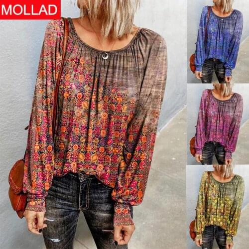 Popular Europe and America Top 2021 Autumn and Winter New Womens Floral Long Sleeve round Neck T-shirt Bottoming Shirt