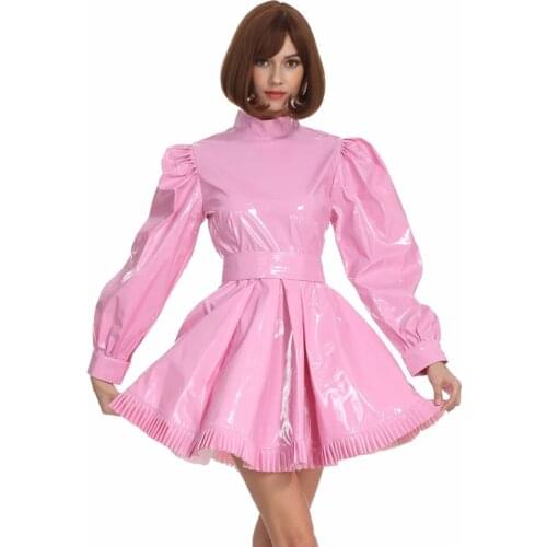 Sissy French Maid High Collar Long Sleeves Lockable Pink PVC Dress Crossdress Cosplay Costume