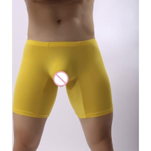 Sexy Men Plus Size Ice Silk Smooth Solid Big U Convex Pouch Half-length Boxers Long Leg Underpants Sculpting Boxer Gay Wear F14