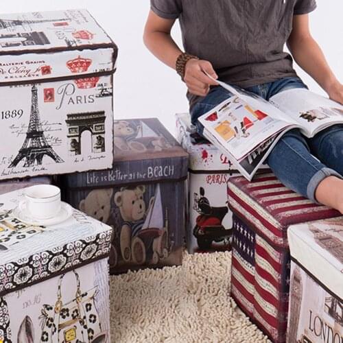 Retro Non-woven Bear Flag Print Folding Storage Stool Sit Box Dual-Purpose Storage Box Firm Shoe Change Stool Home Decoration