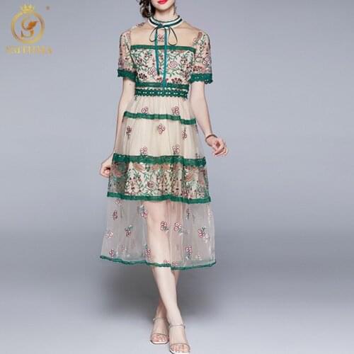 SMTHMA New Fashion Runway Summer Gorgeous Party Midi Dress Women Short Sleeve Luxury Lace Mesh Embroidery Vintage Dress Vestidos