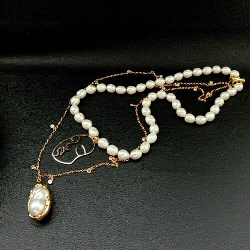 YYGEM 21" 2 Rows White Rice Pearl GP Plated Chain Necklace keshi Pearl Facial Pendant