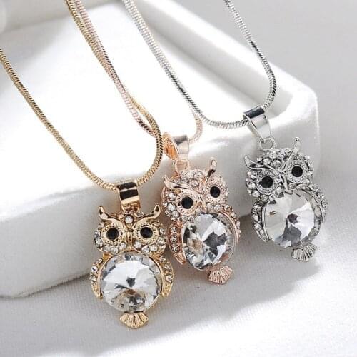 Rose sweet Color New Fashion Snake Chain Crystal Necklace Sweater Jewelry Fashion Small Cute Owl Bird Pendant For Women Gift