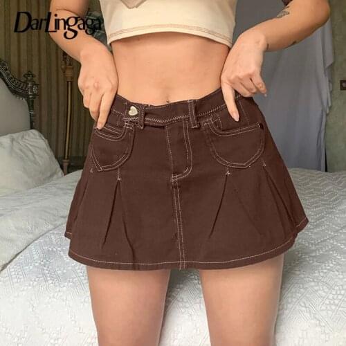 Darlingaga Vintage Fashion Y2K Brown Denim Skirt Women Pockets Aesthetic Solid Hot High Waist Mini Skirts Pleated Super Short