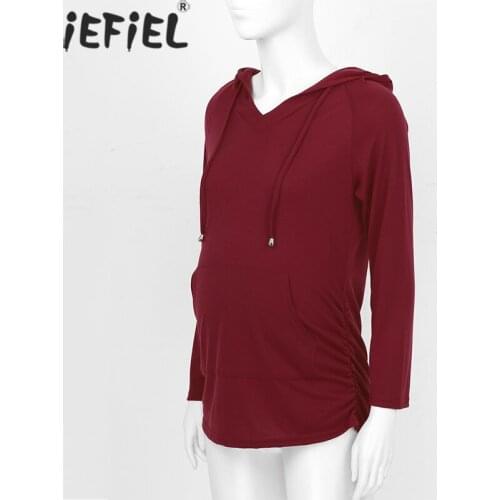 Women Casual Maternity Sweatshirt Autumn Long Sleeve Maternity Hoodie Pregnant Sweater Drawstring Front Pocket Hooded Ruched Top