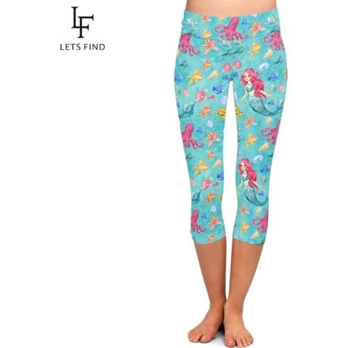 LETSFIND 2020 New Hot Sale Milk Silk Mermaid Digital Print Women Capri Leggings High Waist Plus Size Female Mid-Calf 3/4 Legging
